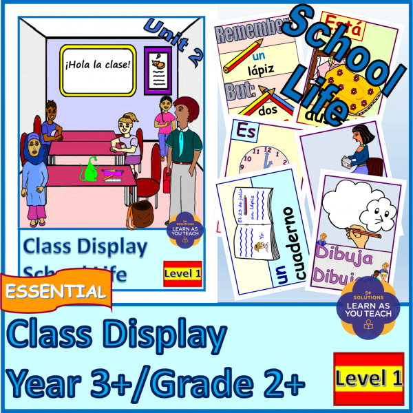 School Life Spanish flash/boom cards and posters